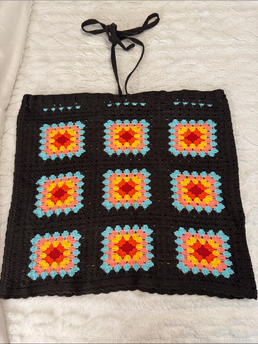 Black Crochet Tank Top with Bright Multicolor Squares